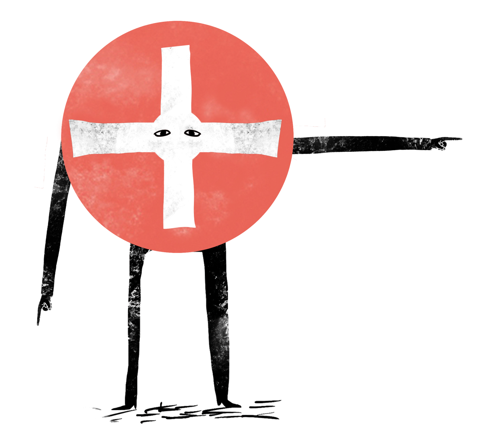 Red circle character with white cross and long black limbs, pointing outward.