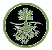 Green tree and root graphic on a black circular background.